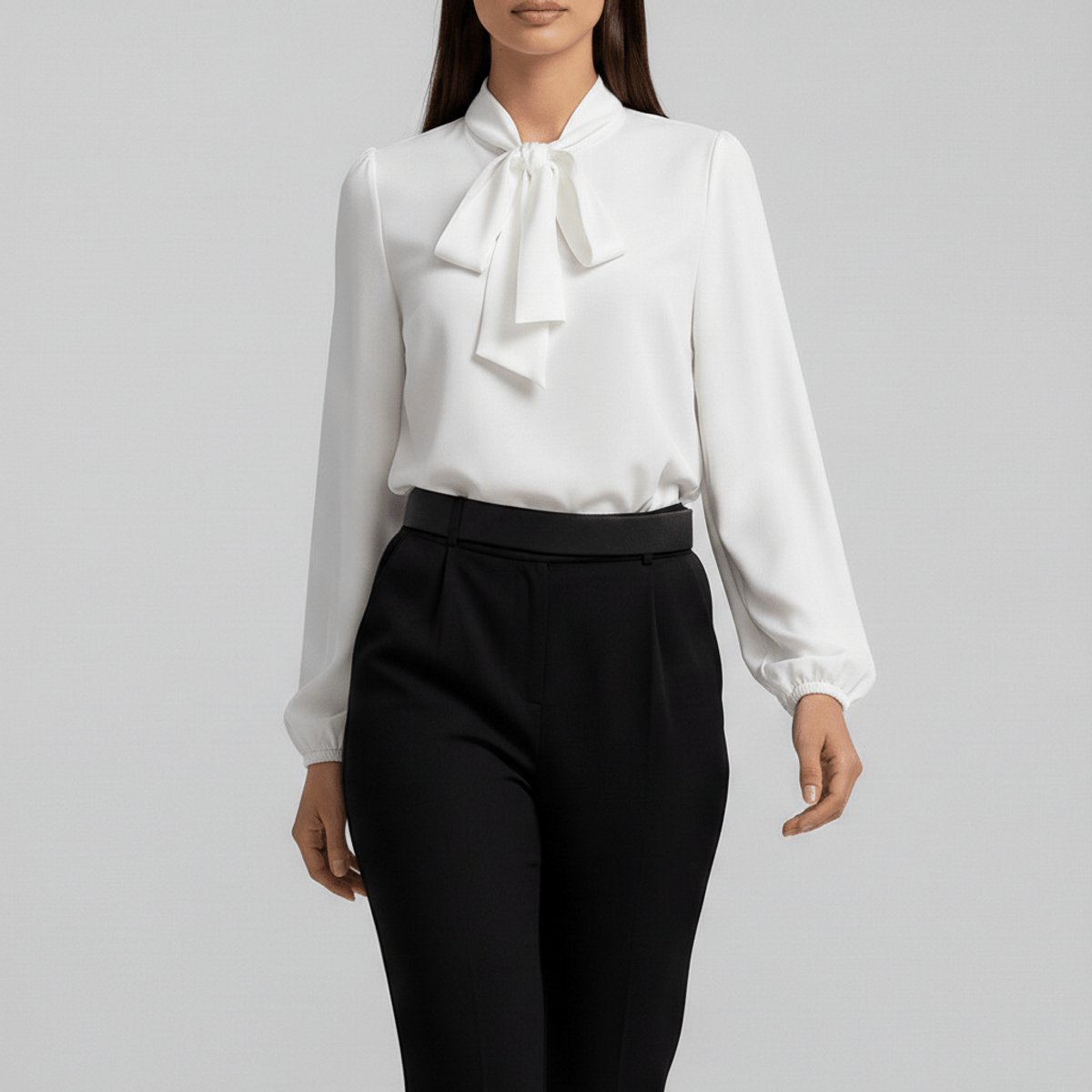 Bow Tie Neck Blouse Long Sleeve – Relaxed Fit Office Work Top