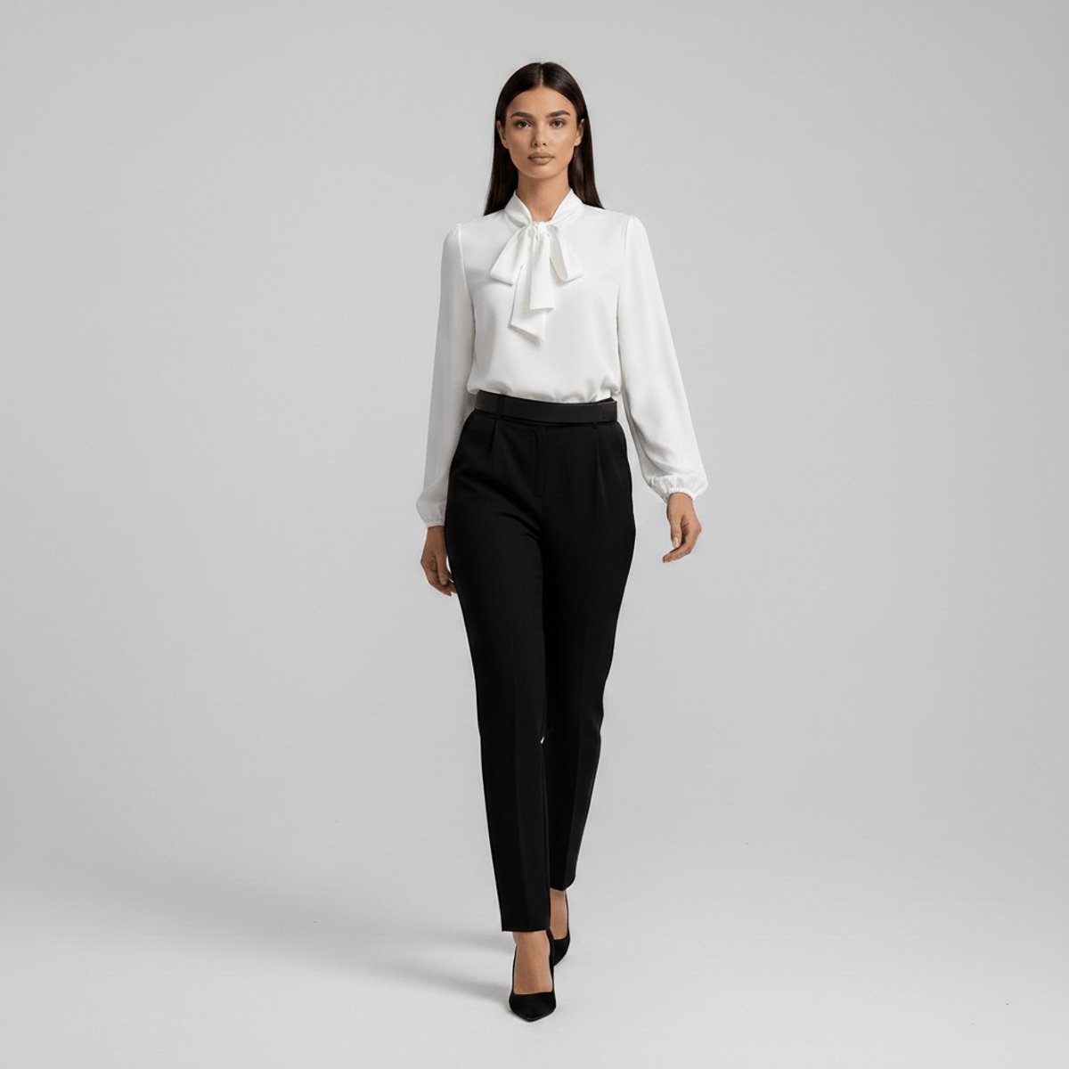 Bow Tie Neck Blouse Long Sleeve – Relaxed Fit Office Work Top