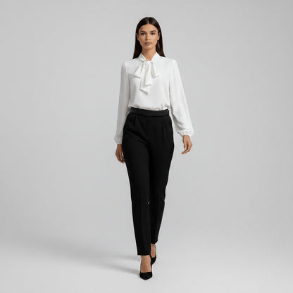 Bow Tie Neck Blouse Long Sleeve – Relaxed Fit Office Work Top