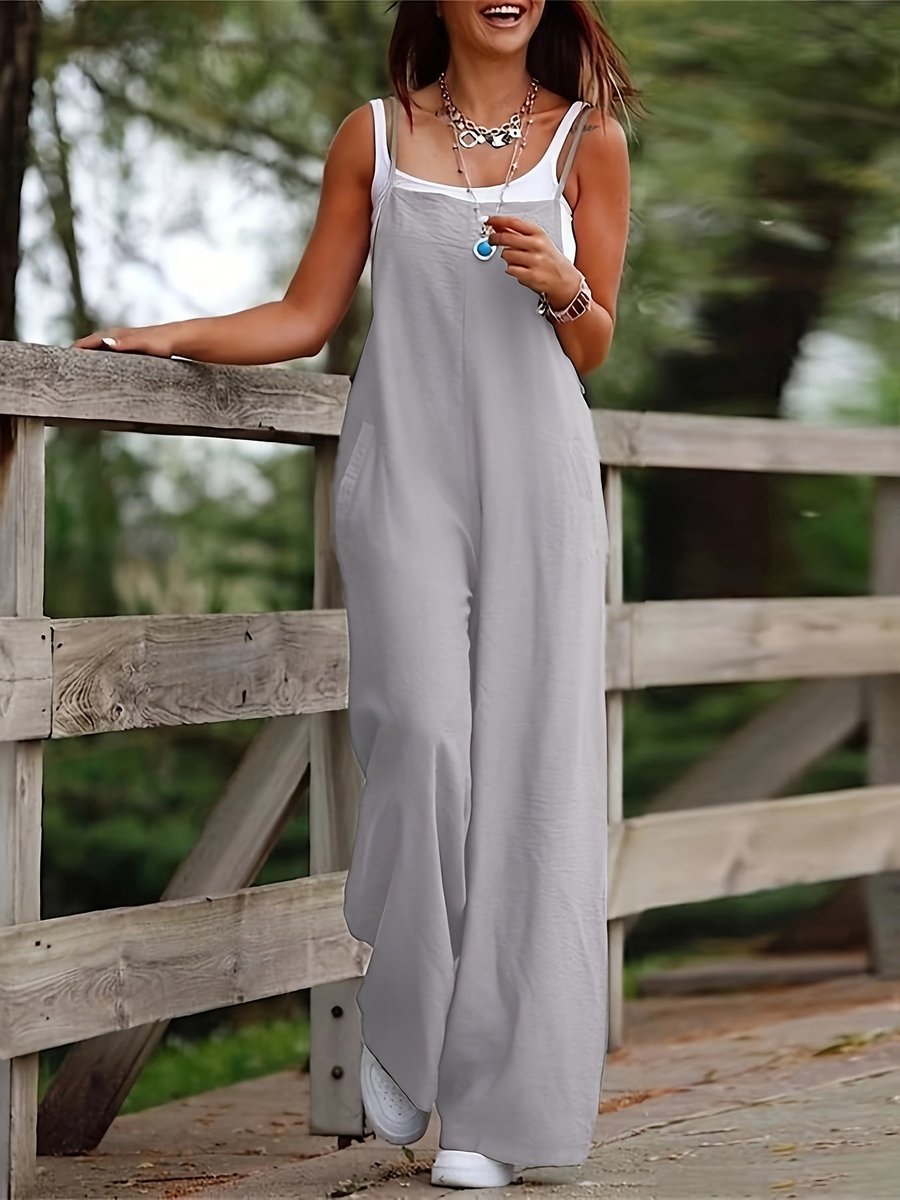 Linen Wide-Leg Jumpsuit – Sleeveless Strappy Summer Overalls with Pockets