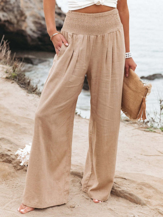 Linen Wide Leg Pants – Smocked High Waist Pleated Trousers