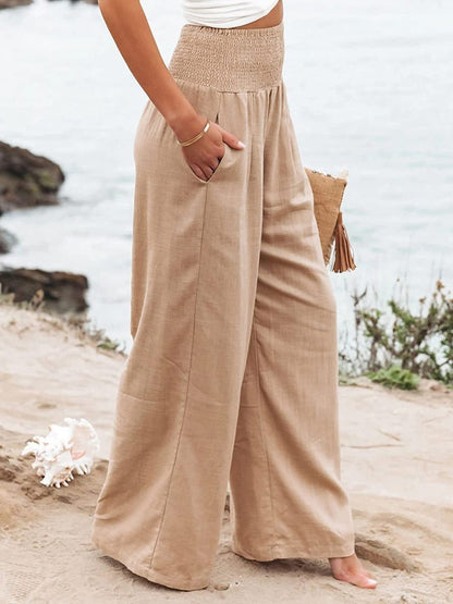 Linen Wide Leg Pants – Smocked High Waist Pleated Trousers