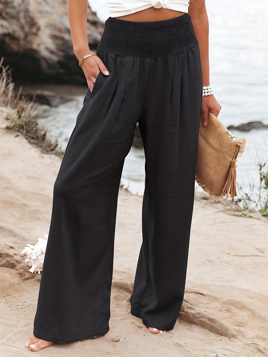 Linen Wide Leg Pants – Smocked High Waist Pleated Trousers