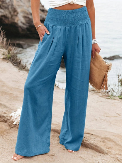 Linen Wide Leg Pants – Smocked High Waist Pleated Trousers