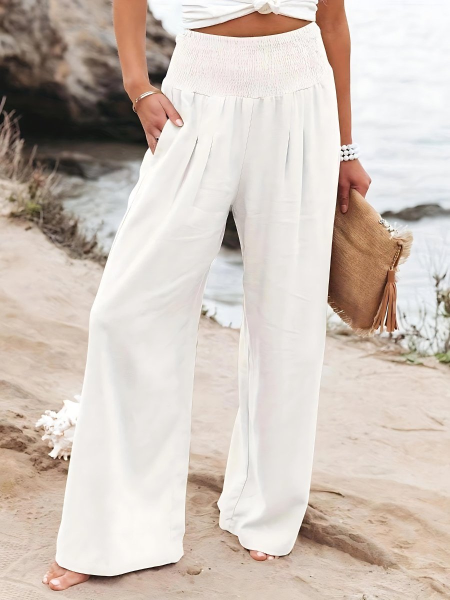 Linen Wide Leg Pants – Smocked High Waist Pleated Trousers