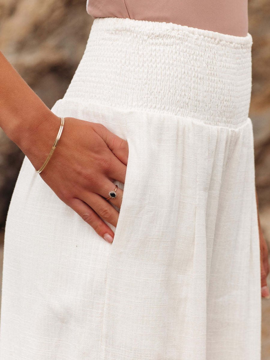 Linen Wide Leg Pants – Smocked High Waist Pleated Trousers