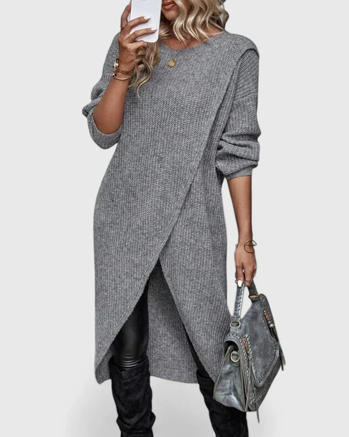 Knit Sweater Dress Long Sleeve – Oversized Wrap Hem Midi Dress