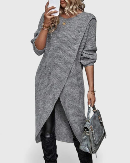 Knit Sweater Dress Long Sleeve – Oversized Wrap Hem Midi Dress