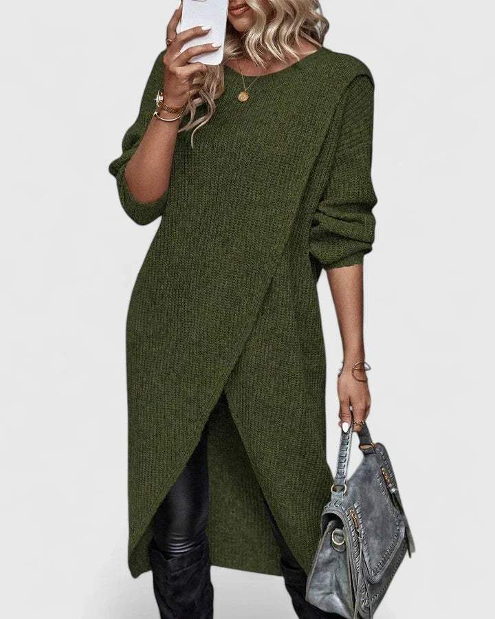 Knit Sweater Dress Long Sleeve – Oversized Wrap Hem Midi Dress