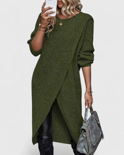 Knit Sweater Dress Long Sleeve – Oversized Wrap Hem Midi Dress