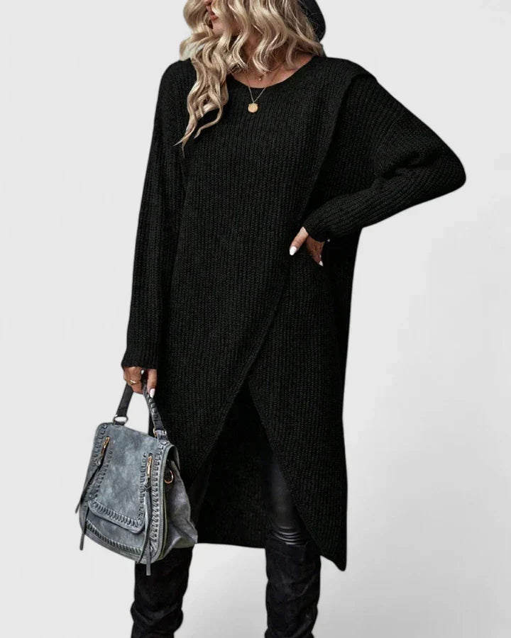 Knit Sweater Dress Long Sleeve – Oversized Wrap Hem Midi Dress