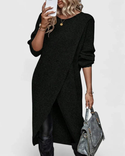 Knit Sweater Dress Long Sleeve – Oversized Wrap Hem Midi Dress
