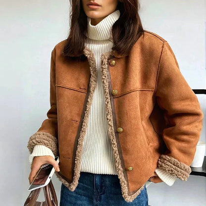 Faux Suede Shearling Jacket – Sherpa Lined Cropped Winter Coat