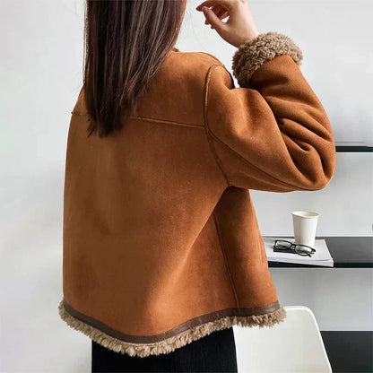 Faux Suede Shearling Jacket – Sherpa Lined Cropped Winter Coat