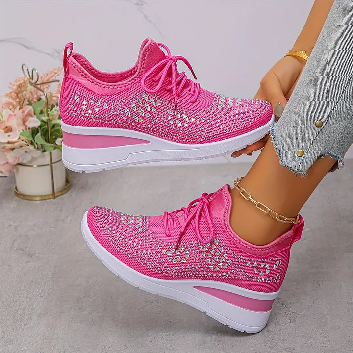 Rhinestone Knit Wedge Sneakers – Lace-Up Casual Platform Shoes