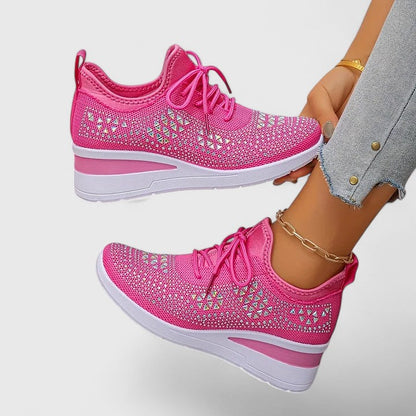 Rhinestone Wedge Sneakers – Women's Knit Lace-Up Platform Shoes