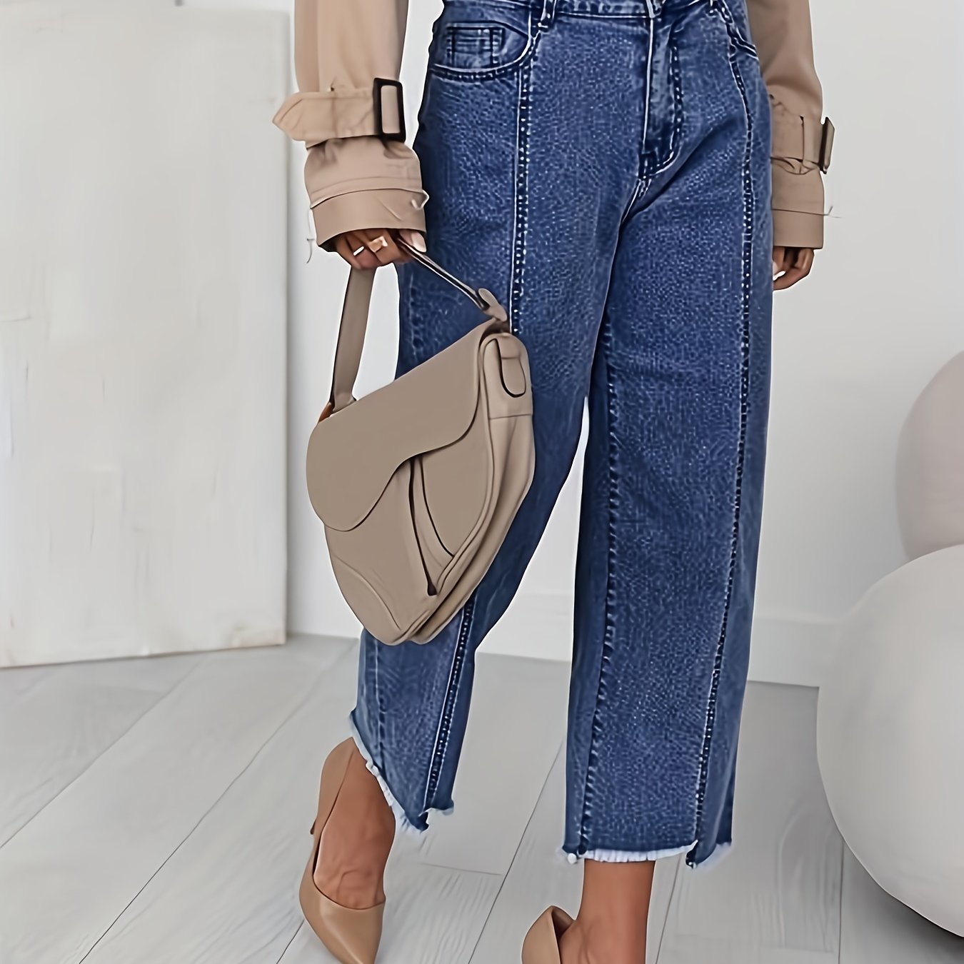 High Waist Wide Leg Cropped Jeans – Raw Hem Dark Wash Denim