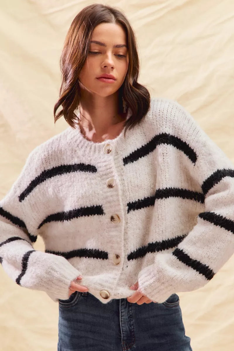 Striped Knit Cardigan – Button-Front Crew Neck Relaxed Fit