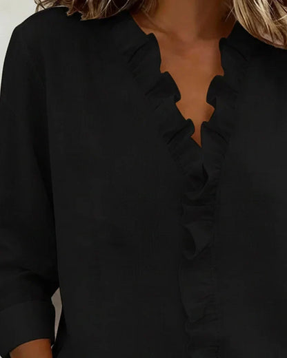 Ruffle V-Neck Long Sleeve Blouse – Relaxed Fit Casual Top