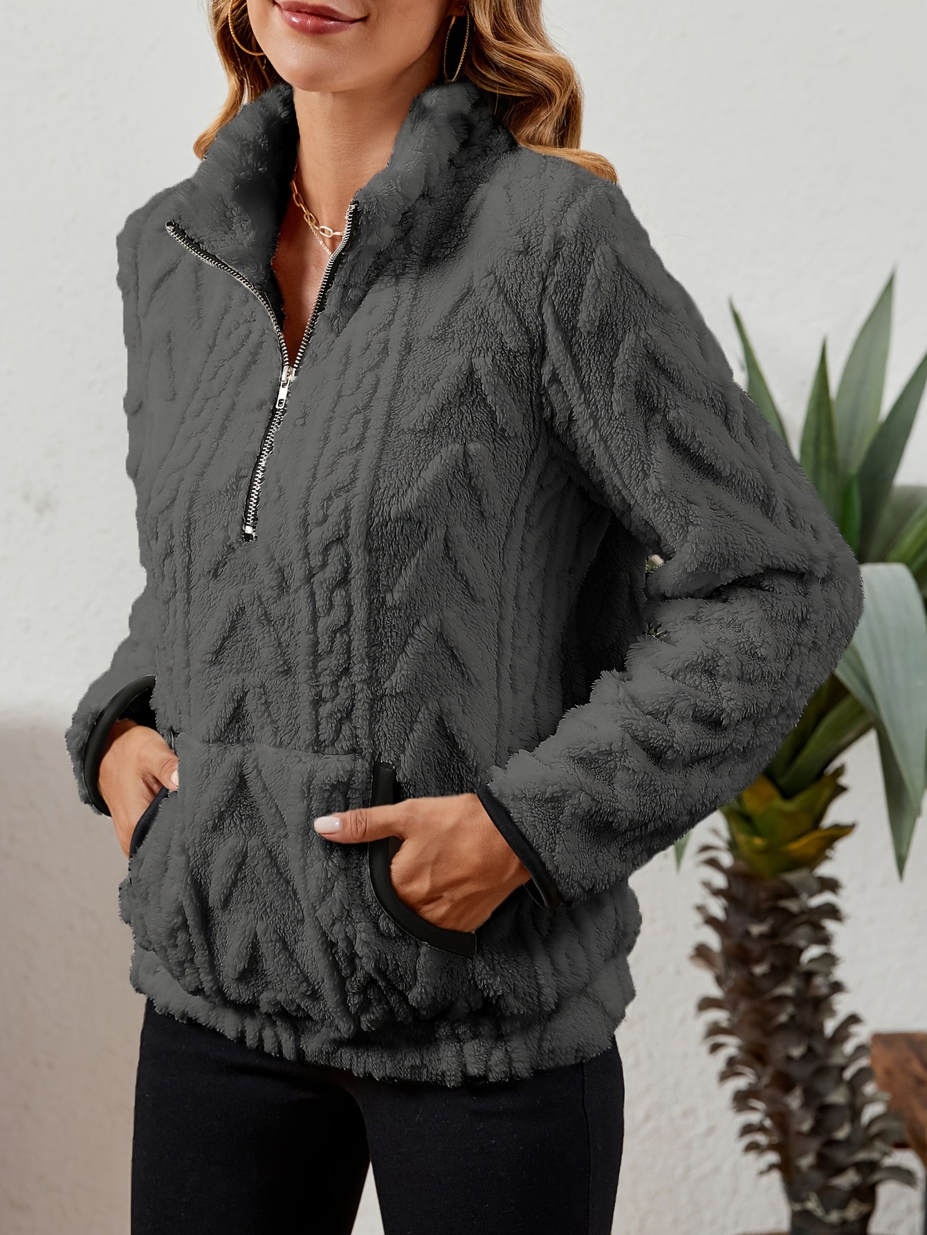 Sherpa Fleece Half-Zip Pullover – Textured Long Sleeve with Kangaroo Pocket