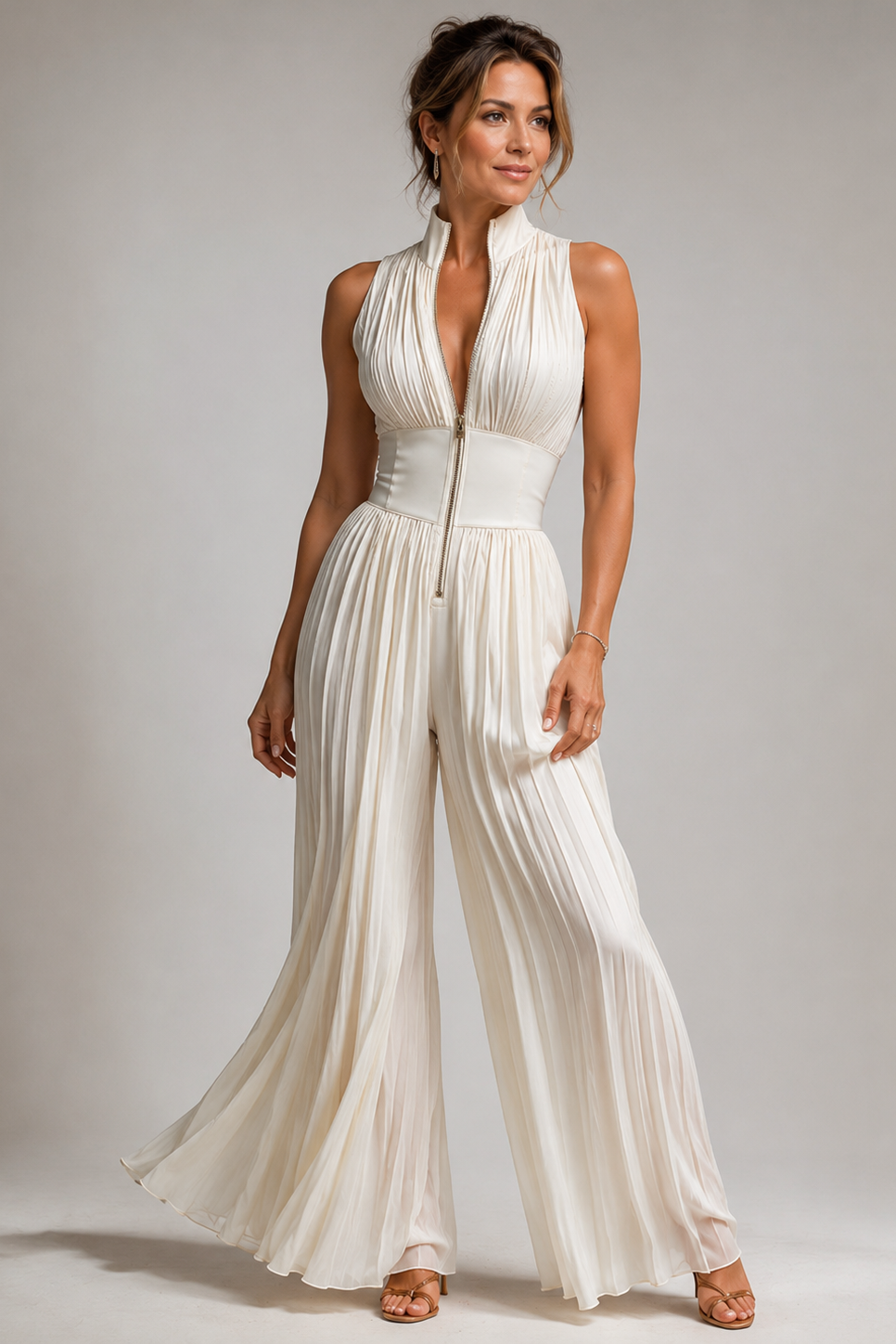 Pleated Wide-Leg Jumpsuit – Sleeveless Deep V-Neck Floral