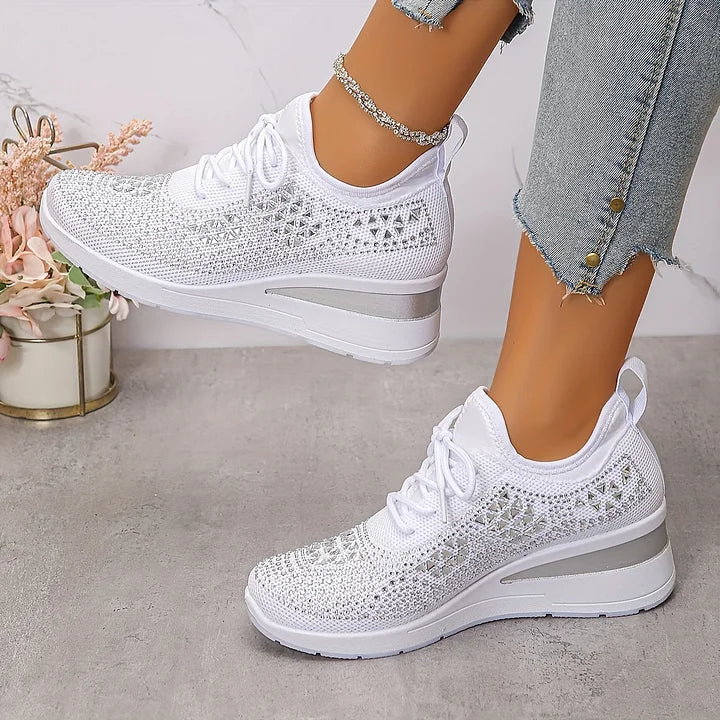 Rhinestone Knit Wedge Sneakers – Lace-Up Casual Platform Shoes