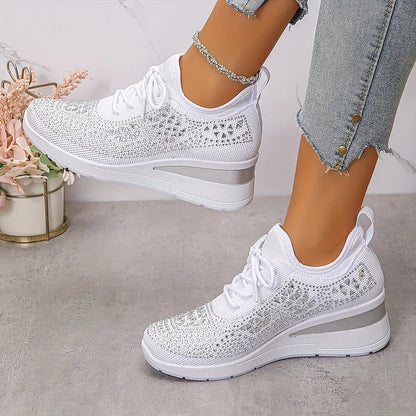 Rhinestone Knit Wedge Sneakers – Lace-Up Casual Platform Shoes