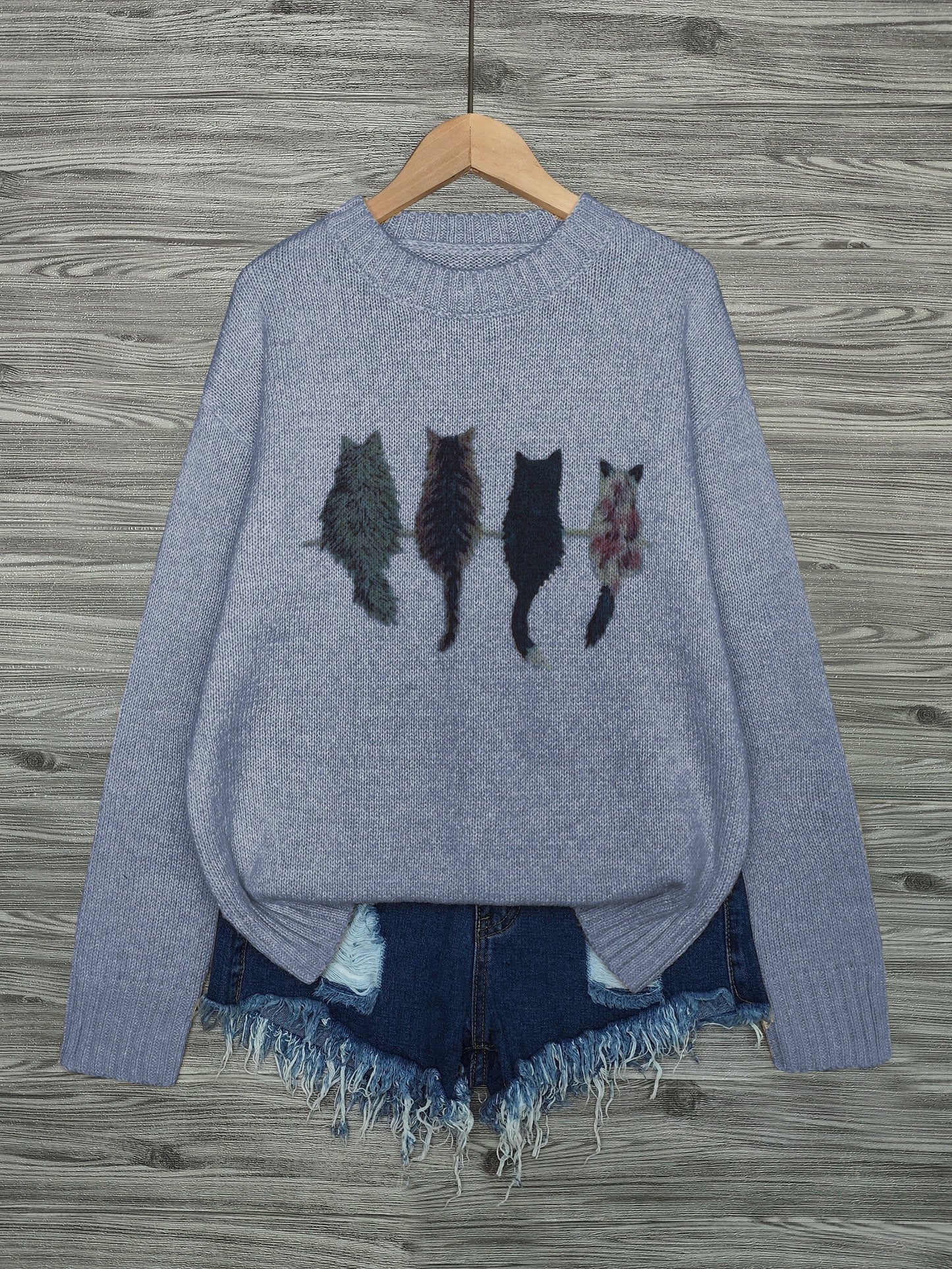 Cat Print Knit Pullover Sweater – Crewneck Relaxed Fit Long Sleeve