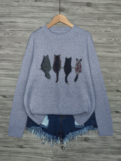 Cat Print Knit Pullover Sweater – Crewneck Relaxed Fit Long Sleeve