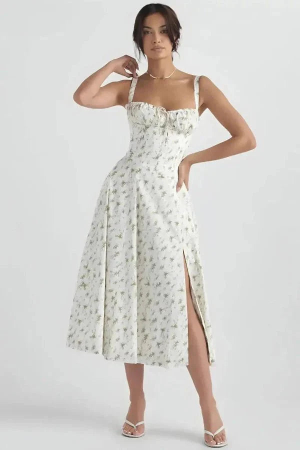 Women's Corset Bustier Midi Dress – Floral A-Line Summer Dress with Side Slit