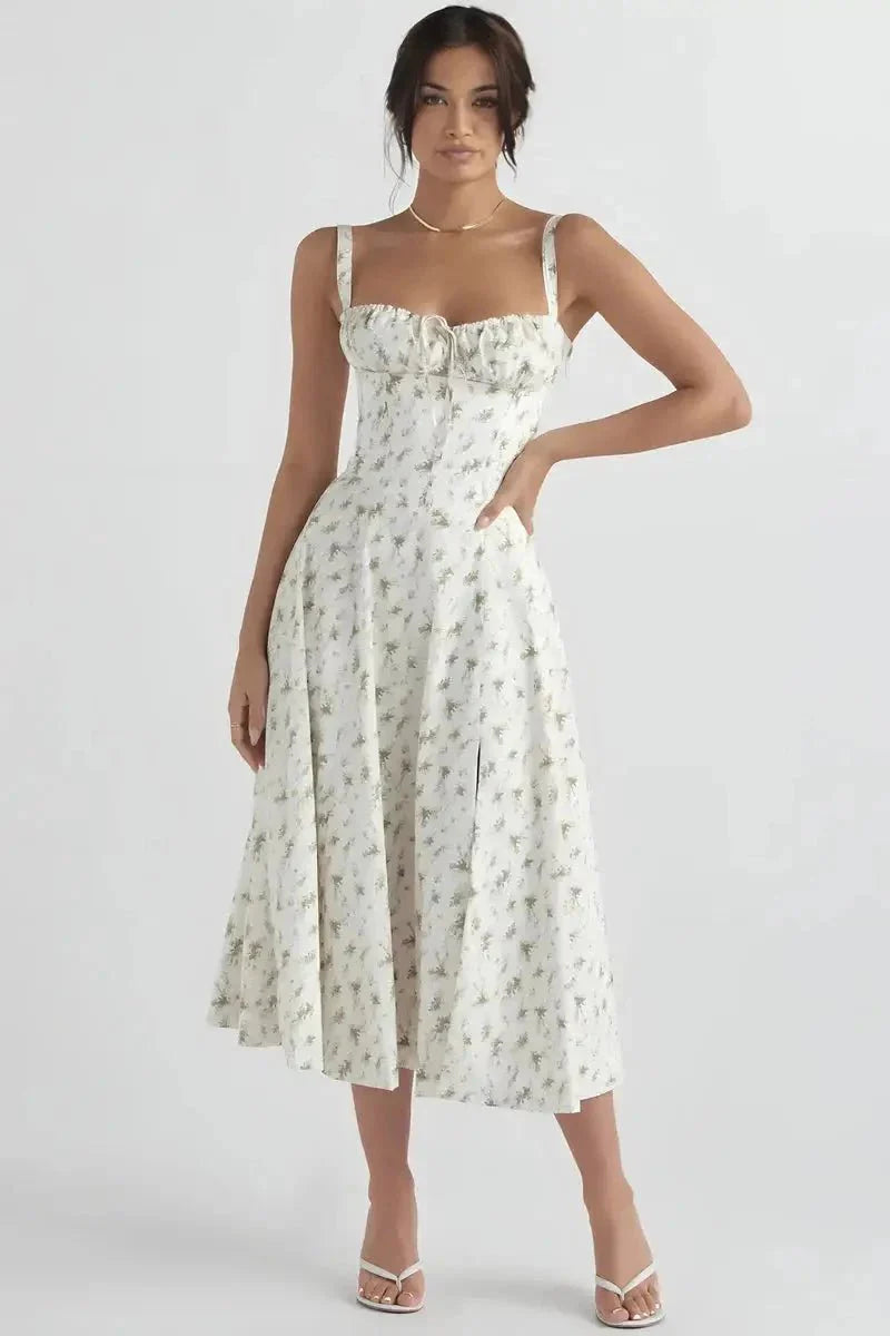 Women's Corset Bustier Midi Dress – Floral A-Line Summer Dress with Side Slit