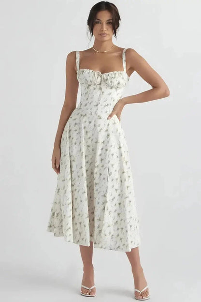 Women's Corset Bustier Midi Dress – Floral A-Line Summer Dress with Side Slit