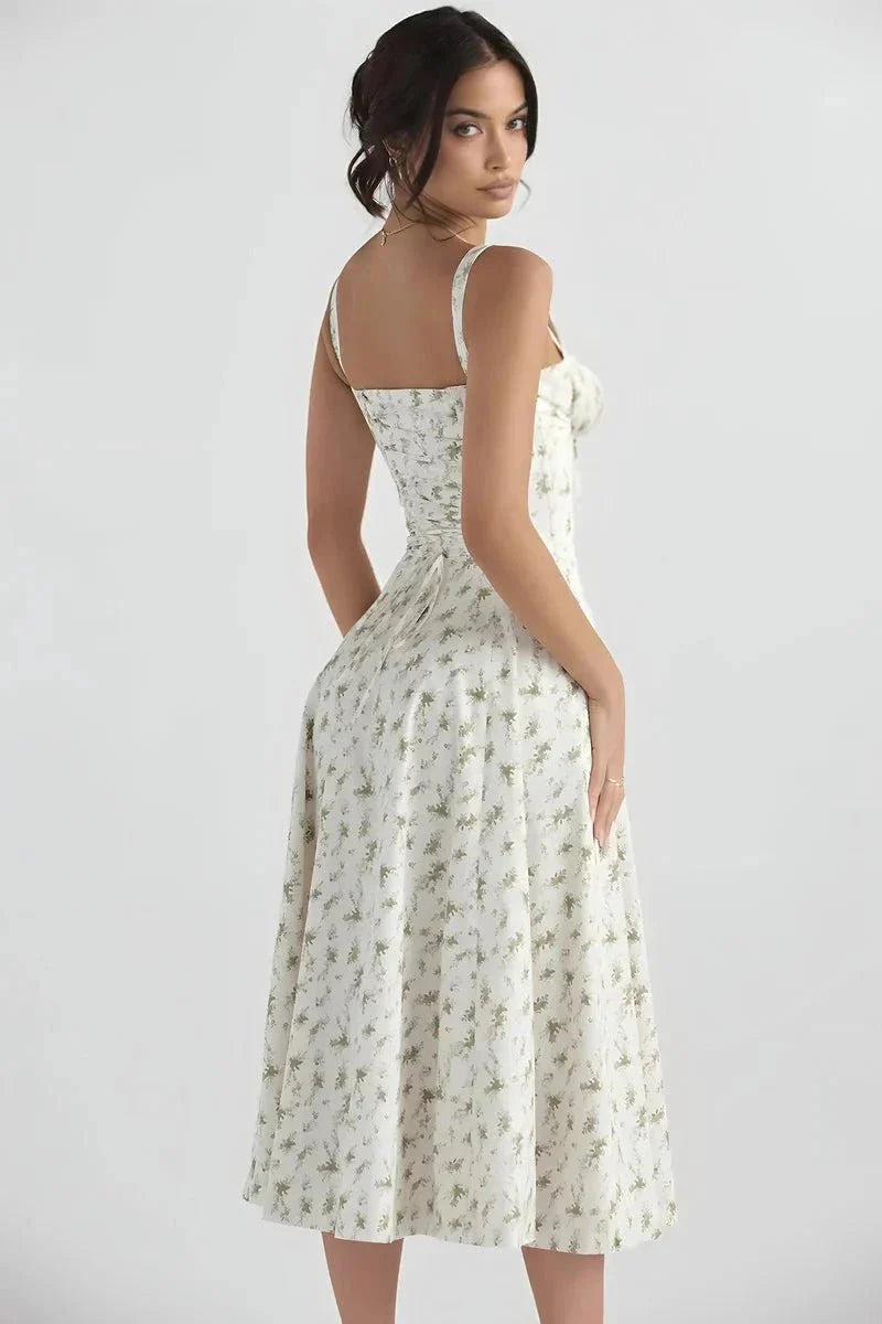 Women's Corset Bustier Midi Dress – Floral A-Line Summer Dress with Side Slit