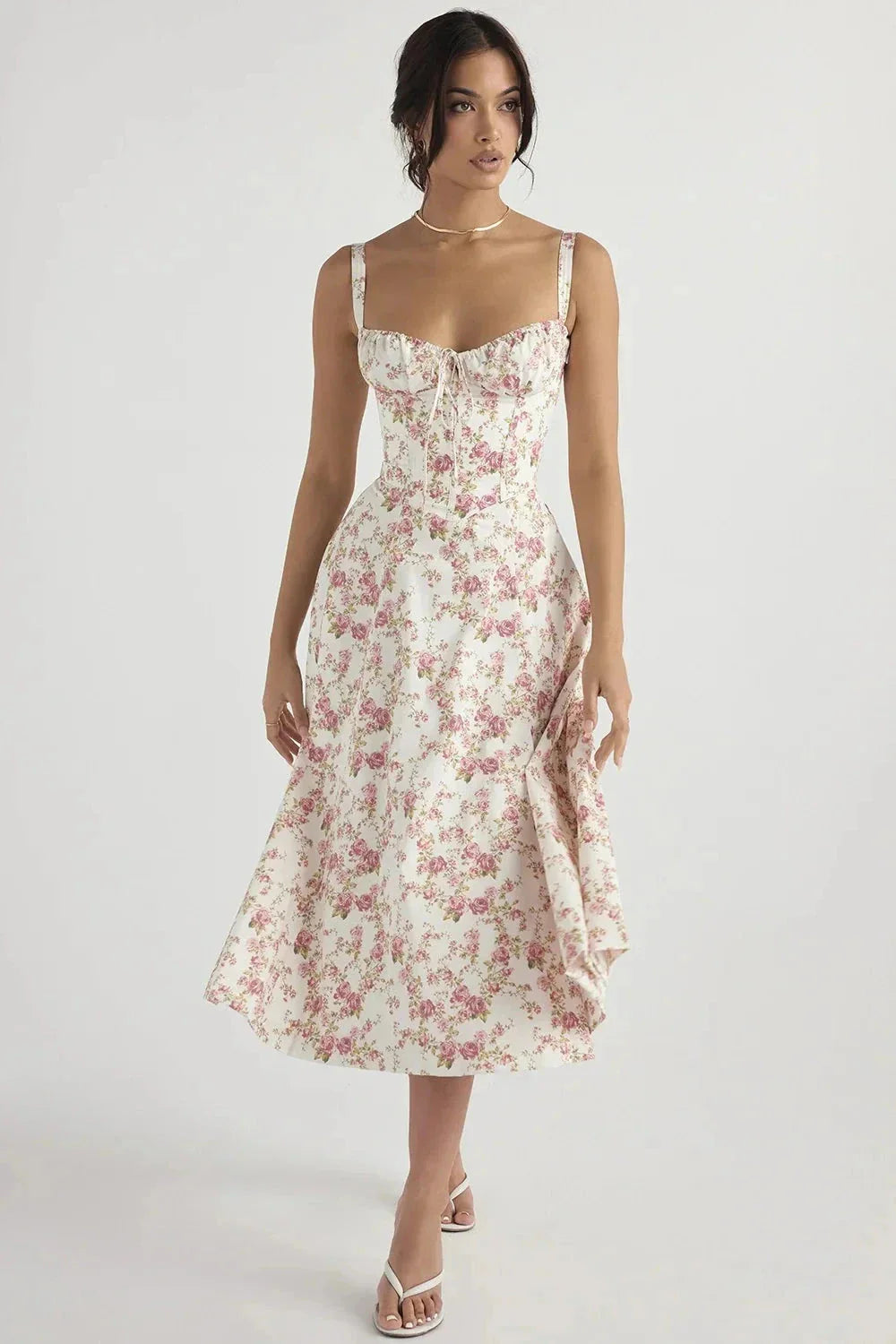 Women's Corset Bustier Midi Dress – Floral A-Line Summer Dress with Side Slit