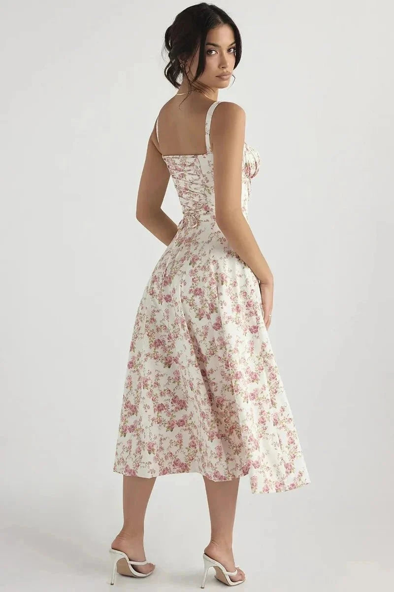 Women's Corset Bustier Midi Dress – Floral A-Line Summer Dress with Side Slit