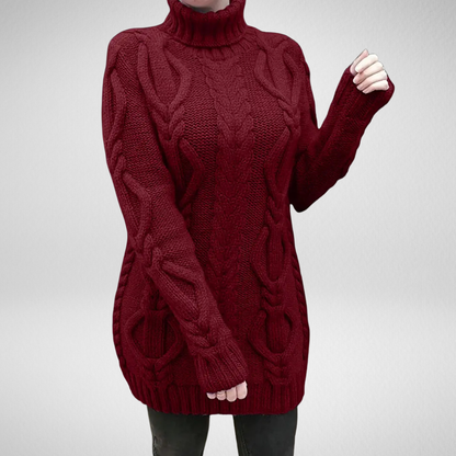 Chunky Cable Knit Turtleneck Sweater – Oversized Long Pullover