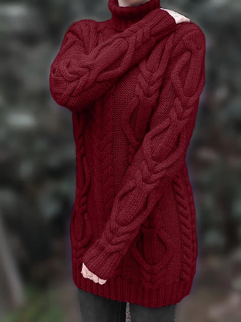 Chunky Cable Knit Turtleneck Sweater – Oversized Long Pullover
