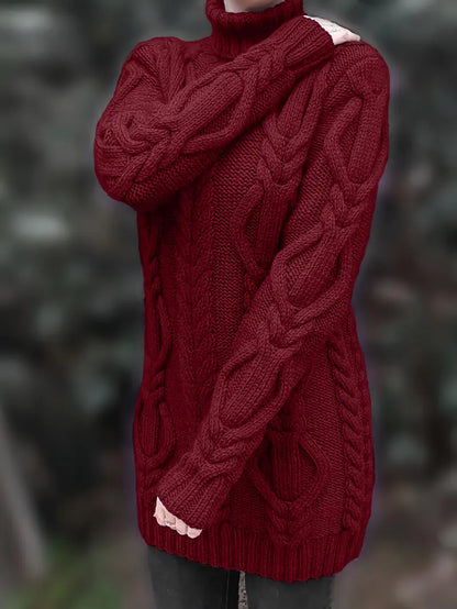 Chunky Cable Knit Turtleneck Sweater – Oversized Long Pullover