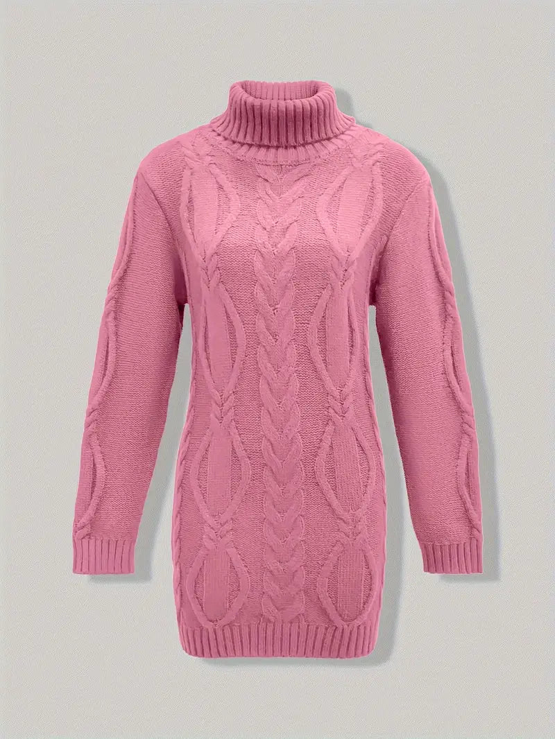 Chunky Cable Knit Turtleneck Sweater – Oversized Long Pullover