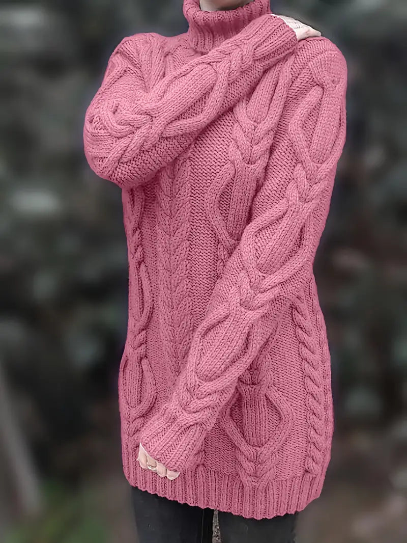 Chunky Cable Knit Turtleneck Sweater – Oversized Long Pullover
