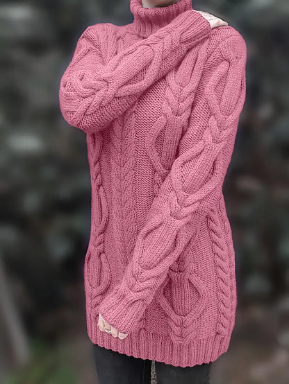 Chunky Cable Knit Turtleneck Sweater – Oversized Long Pullover