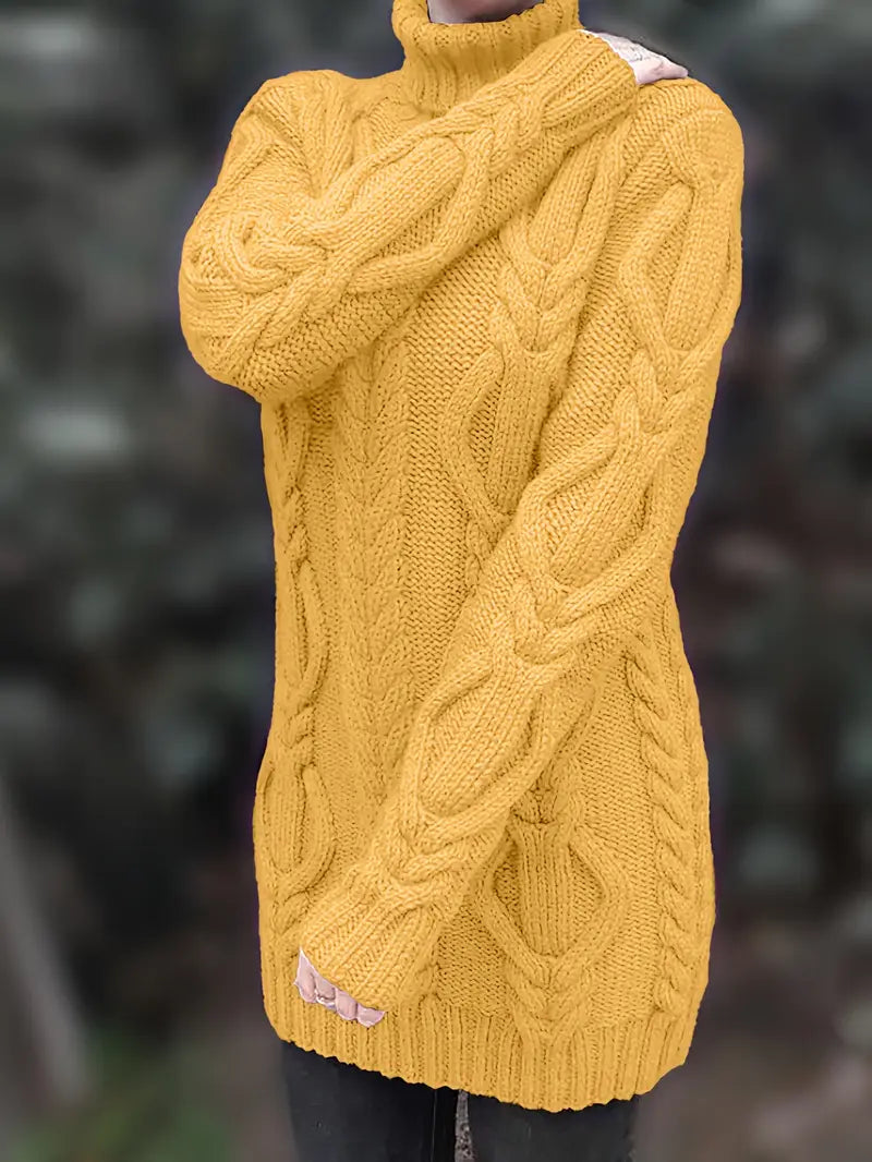 Chunky Cable Knit Turtleneck Sweater – Oversized Long Pullover