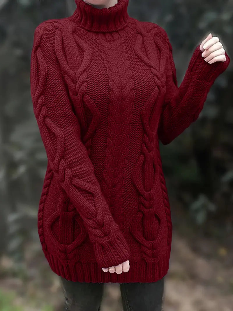 Chunky Cable Knit Turtleneck Sweater – Oversized Long Pullover