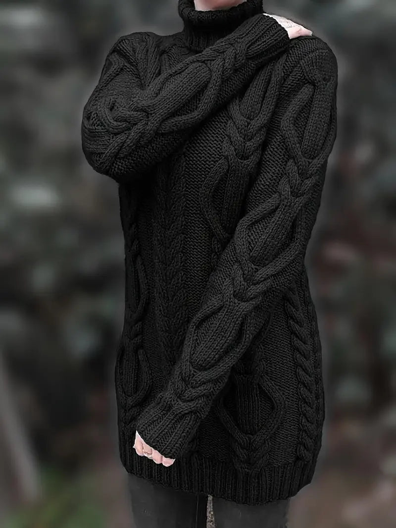 Chunky Cable Knit Turtleneck Sweater – Oversized Long Pullover