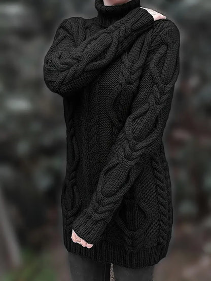 Chunky Cable Knit Turtleneck Sweater – Oversized Long Pullover