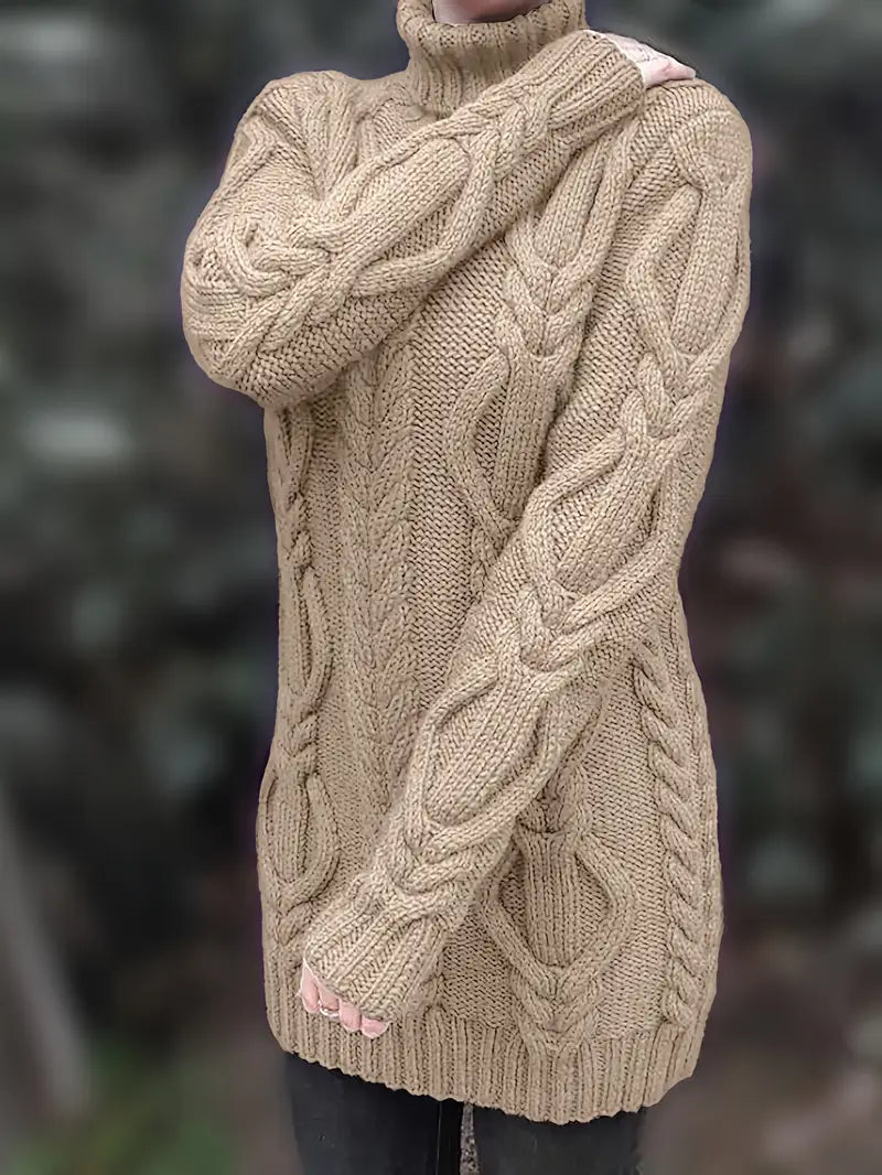 Chunky Cable Knit Turtleneck Sweater – Oversized Long Pullover
