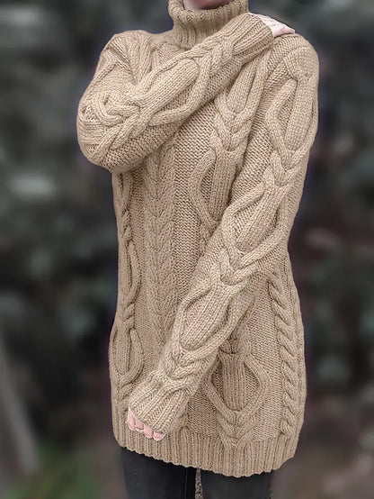 Chunky Cable Knit Turtleneck Sweater – Oversized Long Pullover