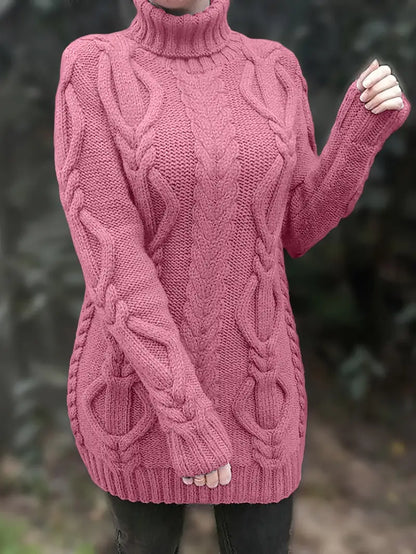 Chunky Cable Knit Turtleneck Sweater – Oversized Long Pullover