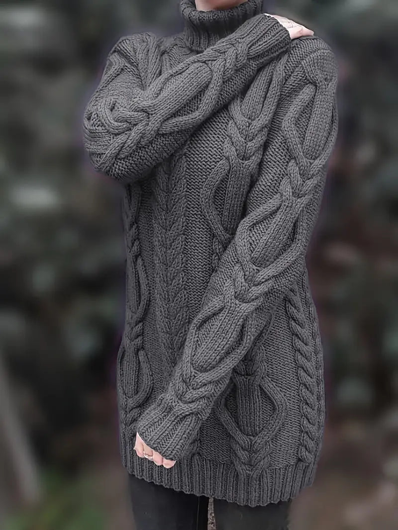 Chunky Cable Knit Turtleneck Sweater – Oversized Long Pullover
