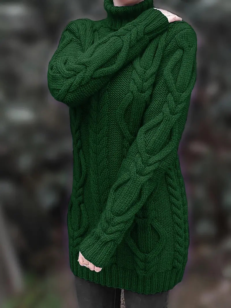 Chunky Cable Knit Turtleneck Sweater – Oversized Long Pullover